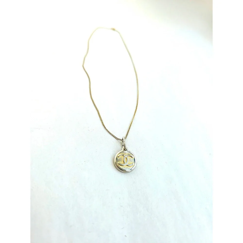 Chanel CC Logo Two Tone Pendant Necklace Gold Filled 1/20 12KT Chain